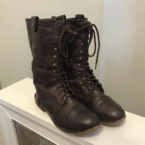 Brown lace-up combat boots with knit lining